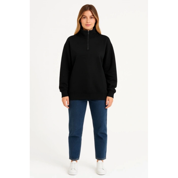 Üç İplik Dık Yaka Yarım Fermuarlı SweatShirt - Siyah