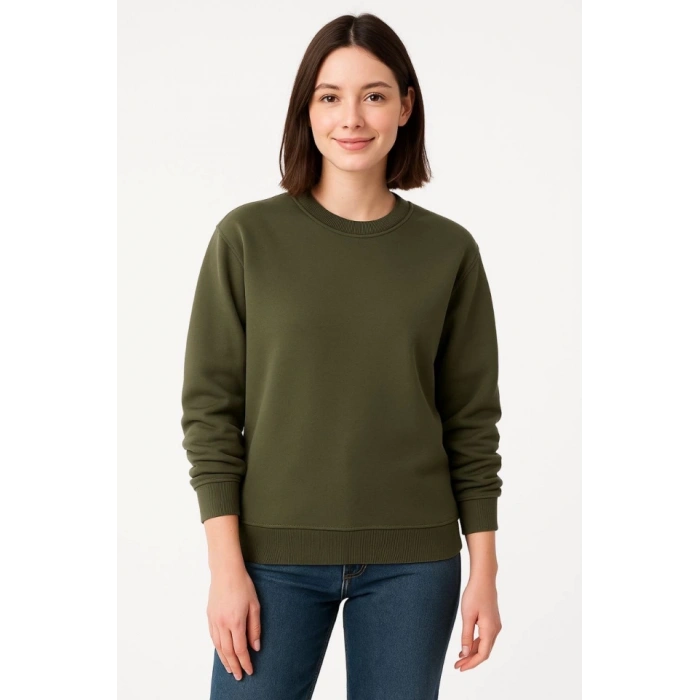 Üç İplik Düz Bisiklet Yaka SweatShirt - Haki