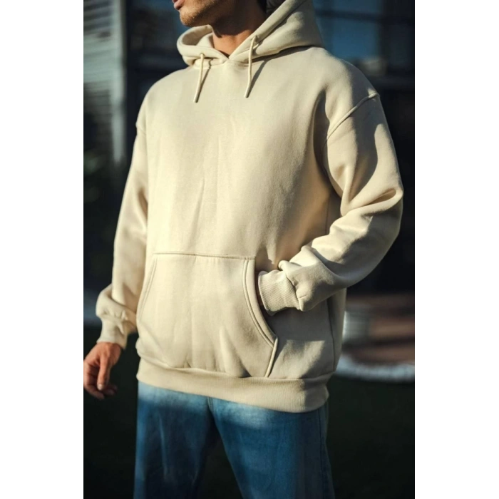 Üç İplik Penye Kapşonlu Basic SweatShirt - Bej