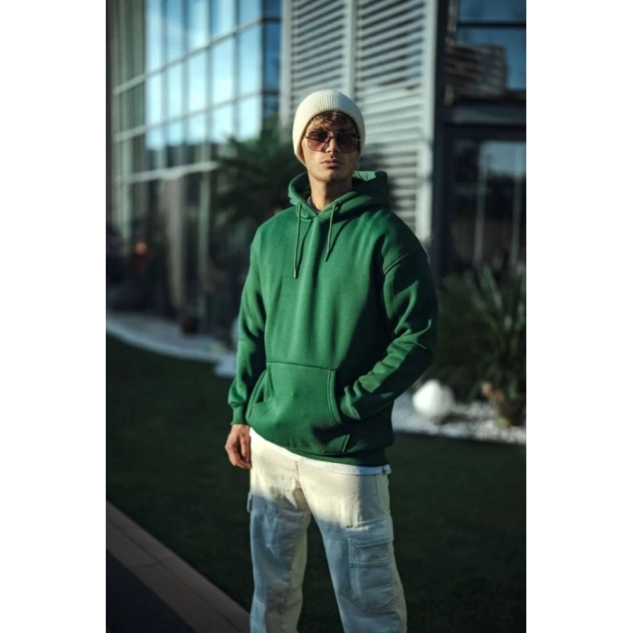 Üç İplik Penye Kapşonlu Basic SweatShirt - Haki