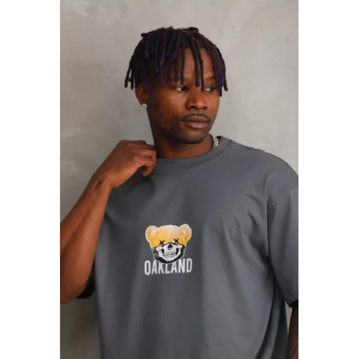 Unisex Baskılı Oversize T-Shirt - Füme
