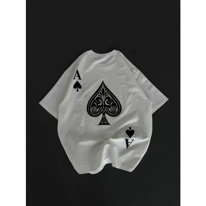 Unisex Bisiklet Yaka Baskılı Oversize T-Shirt - Beyaz