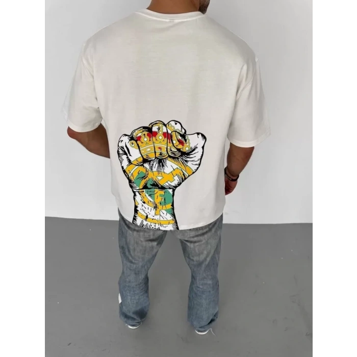 Unisex Bisiklet Yaka Baskılı Oversize T-Shirt - Beyaz