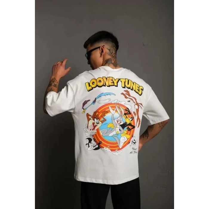 Unisex Bisiklet Yaka Baskılı Oversize T-Shirt - Beyaz