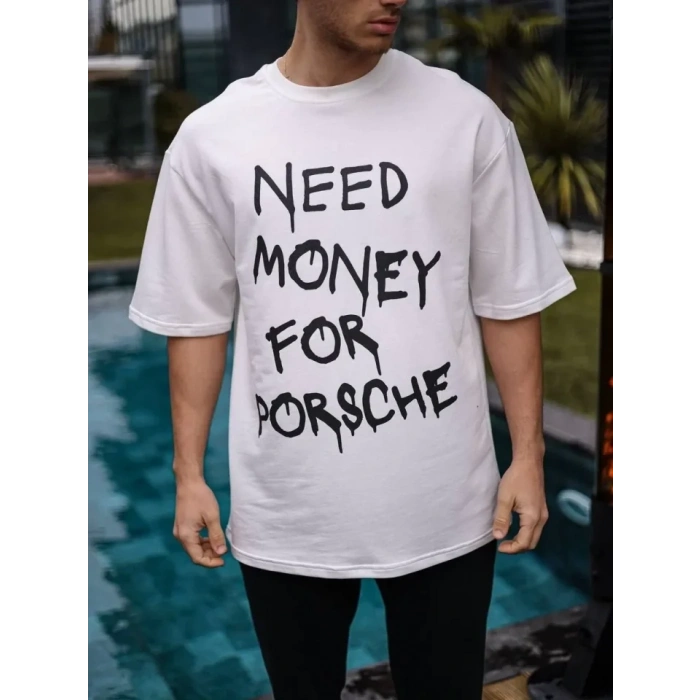 Unisex Bisiklet Yaka Baskılı Oversize T-Shirt - Beyaz