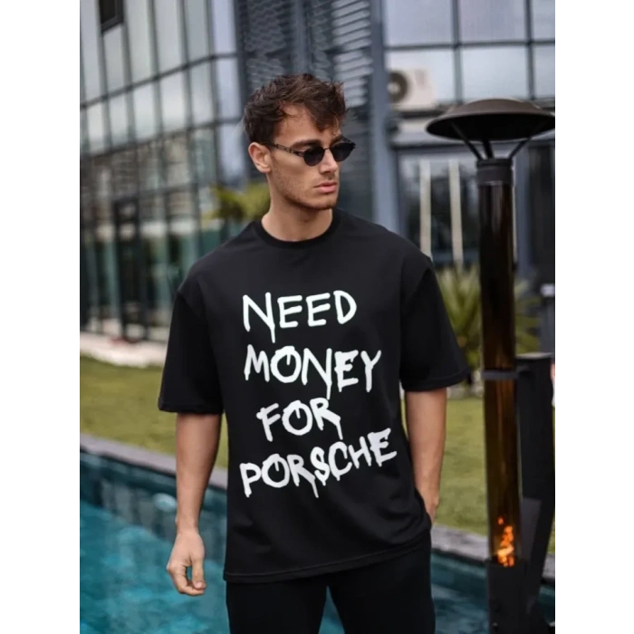 Unisex Bisiklet Yaka Baskılı Oversize T-Shirt - Siyah