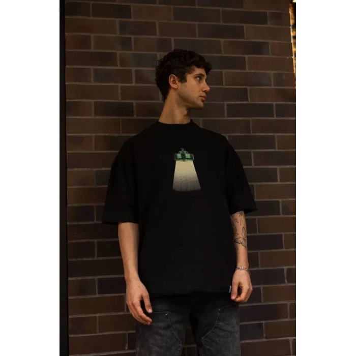 Unisex Bisiklet Yaka Baskılı Oversize T-Shirt - Siyah