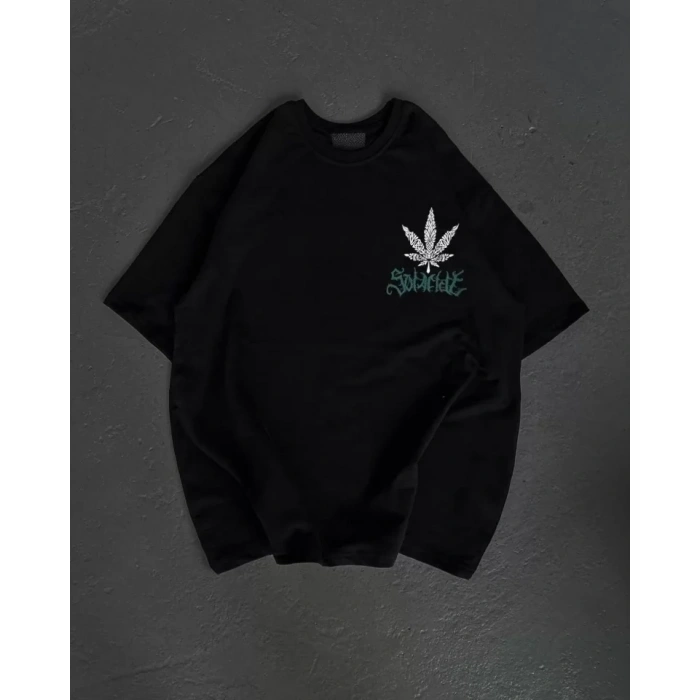 Unisex Bisiklet Yaka Baskılı Oversize T-Shirt - Siyah