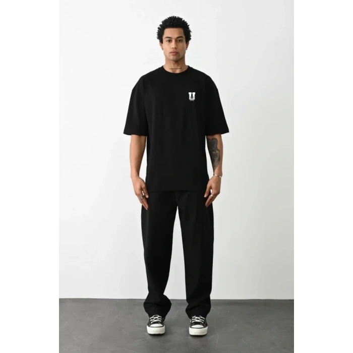 Unisex Bisiklet Yaka Baskılı Oversize T-Shirt - Siyah