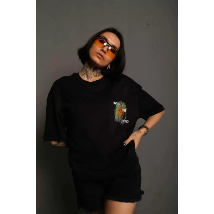 Unisex Bisiklet Yaka Baskılı Oversize T-Shirt - Siyah