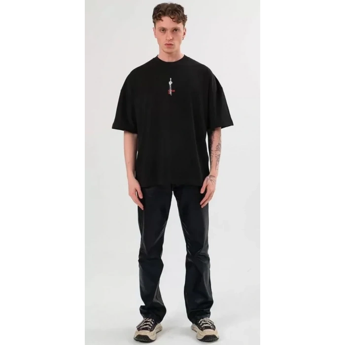 Unisex Bisiklet Yaka Baskılı Oversize T-Shirt - Siyah