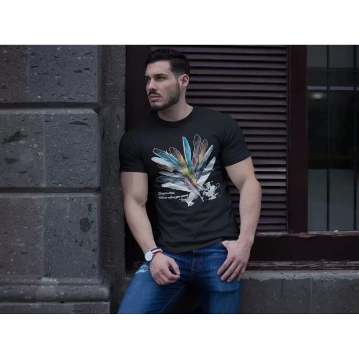 Unisex Bisiklet Yaka Baskılı Oversize T-Shirt - Siyah