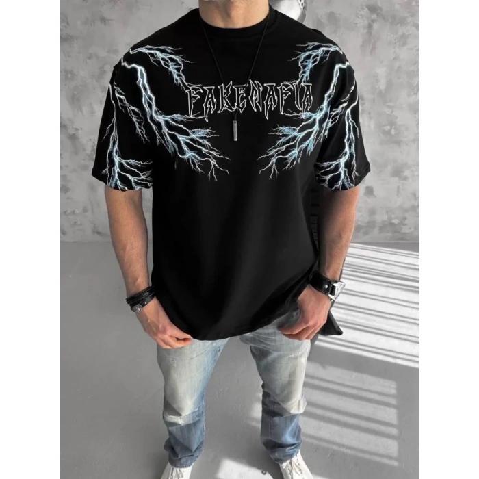 Unisex Bisiklet Yaka Baskılı Oversize T-Shirt - Siyah