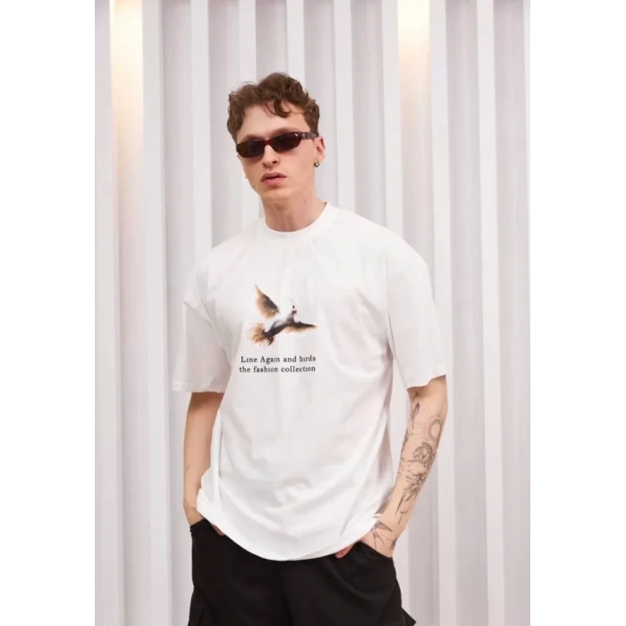 Unisex Bisiklet Yaka Baskılı Oversize T-Shirt - Siyah