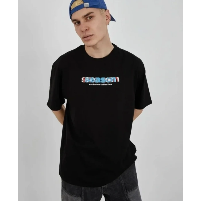 Unisex Bisiklet Yaka Baskılı Oversize T-Shirt - Siyah