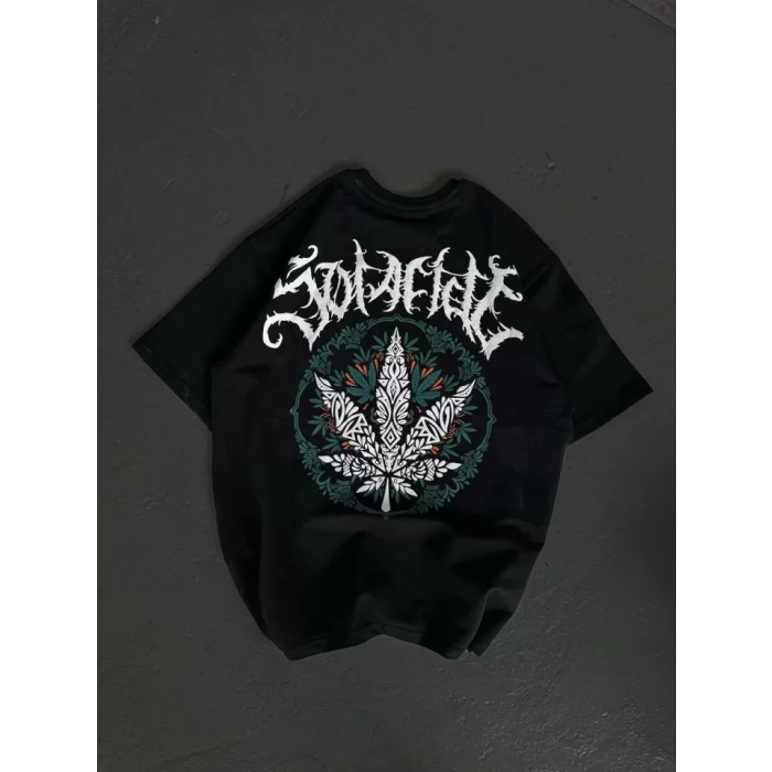 Unisex Bisiklet Yaka Baskılı Oversize T-Shirt - Siyah