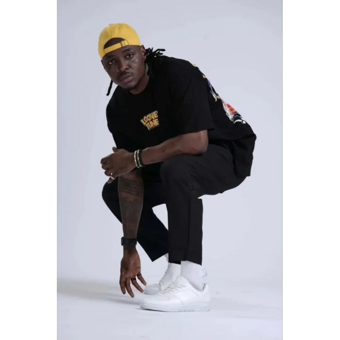 Unisex Bisiklet Yaka Baskılı Oversize T-Shirt - Siyah