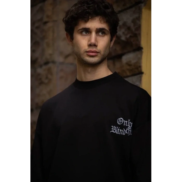 Unisex Bisiklet Yaka Baskılı Oversize T-Shirt - Siyah