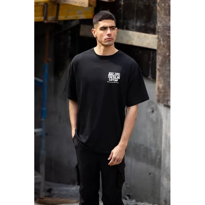 Unisex Bisiklet Yaka Baskılı Oversize T-Shirt - Siyah