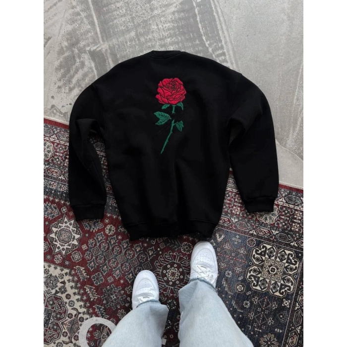 Unisex Bisiklet Yaka Ön Ve Arka Baskılı SweatShirt - Siyah