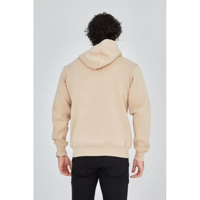 Unisex Tam Fermuarlı Kapşonlu  SweatShirt - Bej