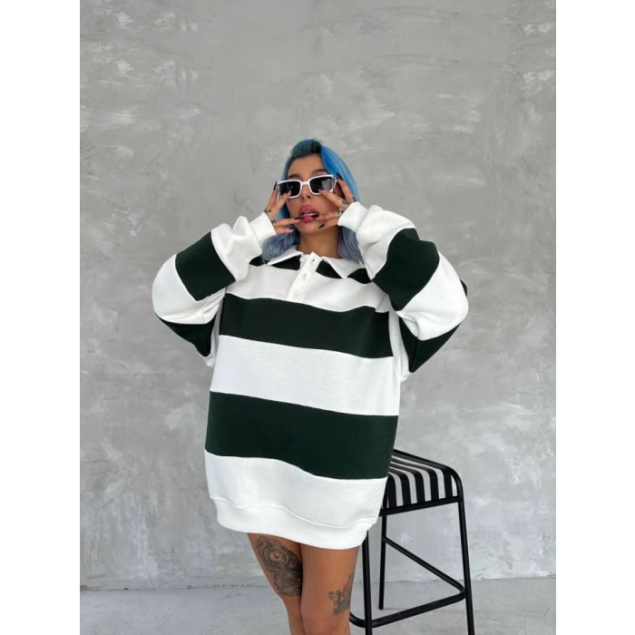 Unisex Üç İplik Parçalı Yakalı SweatShirt - Yeşil