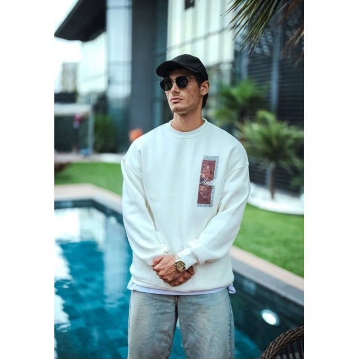 Uzun Kol Bisiklet Yaka Ön Ve Arka Baskılı SweatShirt - Beyaz