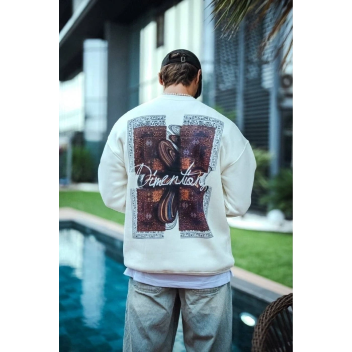 Uzun Kol Bisiklet Yaka Ön Ve Arka Baskılı SweatShirt - Beyaz