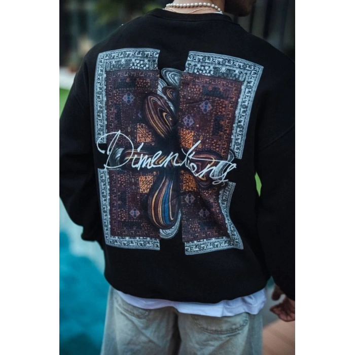 Uzun Kol Bisiklet Yaka Ön Ve Arka Baskılı SweatShirt - Siyah