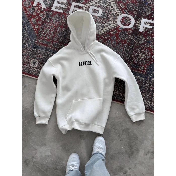 Uzun Kol Kapşonlu Göğüs Baskılı SweatShirt - Beyaz