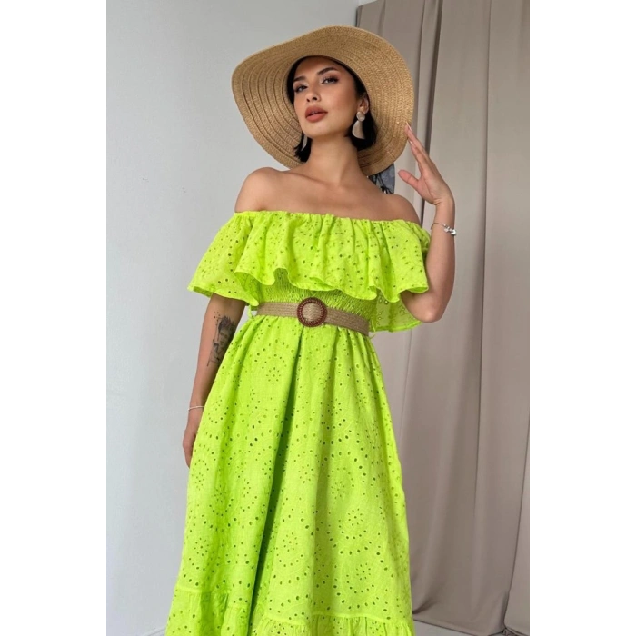 Yağ Yeşili Omzu Lastikli Brode Elbise