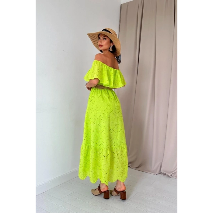 Yağ Yeşili Omzu Lastikli Brode Elbise