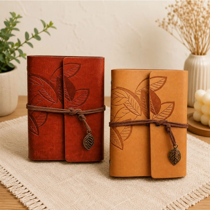 Yaprak Desenli Retro Deri Defter - Vintage Ajanda