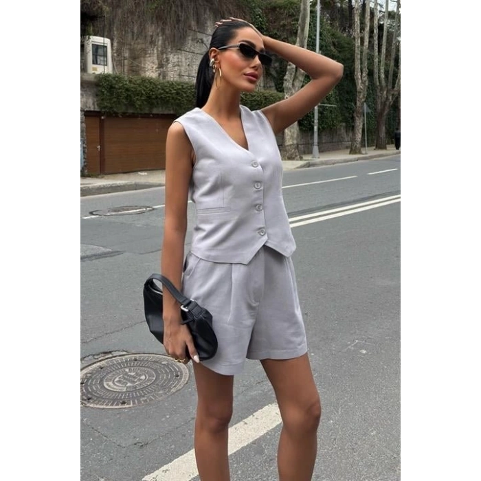 Yelek Şort Flamlı Keten Takım 10133-17