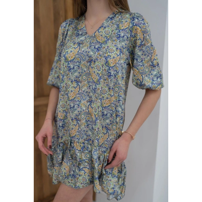 Yeşil Desenli Saten Elbise