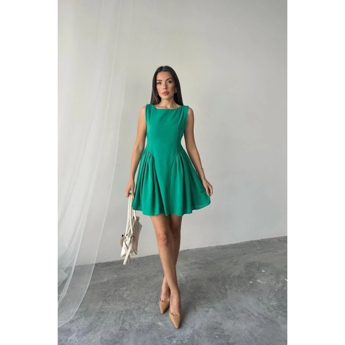 Yeşil Mini Boy Büzgülü Keten Elbise