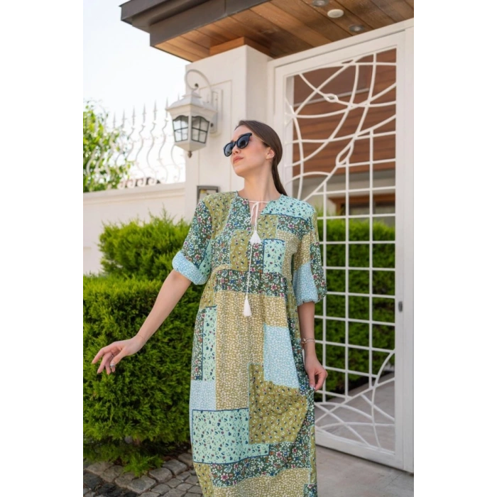 Yeşil Salaş Desenli Elbise