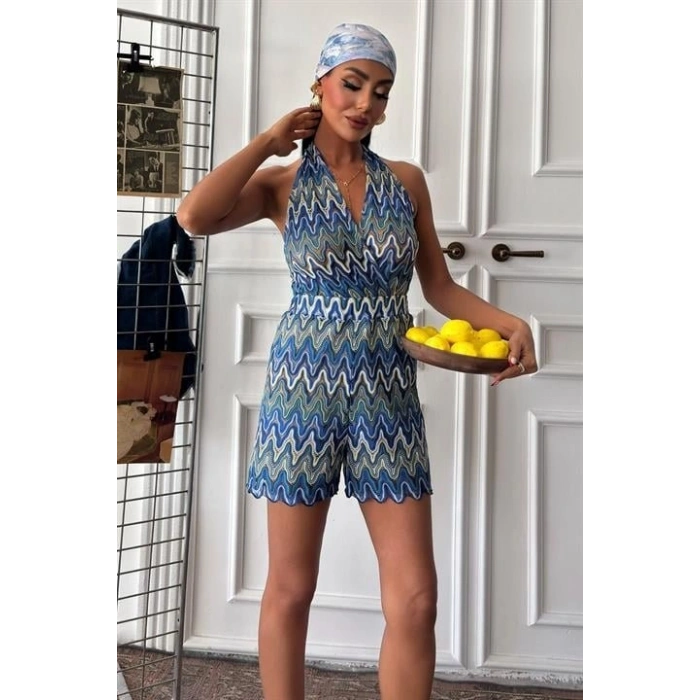 Zikzak Desenli Multi Renk Geçişli Mini Tulum 1365