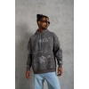 Erkek Baskılı Kapüşonlu Ribanalı Sweat - Gri