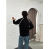Erkek Oversize Dik Yaka Fermuarlı Sweatshirt - Zincir Nakışli Kanguru Cepli - Siyah