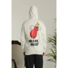 Erkek Sırt Baskılı Oversize Üç İplik Kapüşonlu Sweatshirt - Beyaz