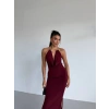 Kadın Boyun Aksesuarlı Halter Yaka Maxi Boy Sandy Kumaş Elbise