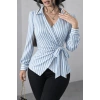 Kadın çizgili Kruvaze Bağlamalı Gömlek