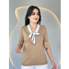 Kadın Kısa Kollu V Yaka Fular Detay Merserize Triko Bbluz