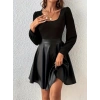 Kadın Uzun Kollu Kare Yaka üst Viskon Alt Deri Mini Elbise