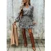 Kadın Uzun Kollu V Yakalı Belden Kuşaklı Puantiyeli Mini Modal Elbise