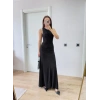 Kolsuz Büzgülü Uzun Elbise - Siyah