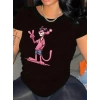 Pembe Panter Baskılı Oversize Bisiklet Yaka T-shirt - Beyaz