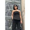 Siyah Straplez Düğmeli Crop Ve Pantolon Takım