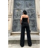 Siyah Straplez Düğmeli Crop Ve Pantolon Takım